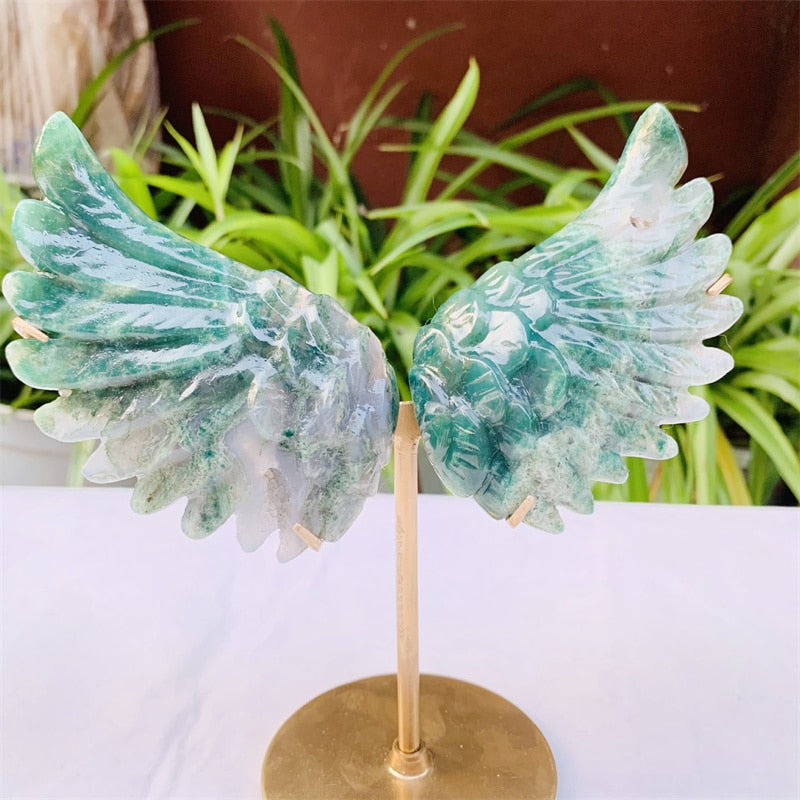 Natural Moss Agate Crystal Carved Angel Wings Ornament