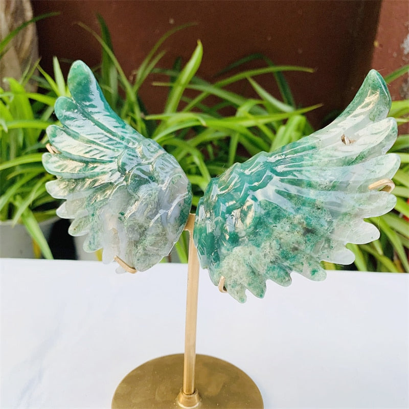 Natural Moss Agate Crystal Carved Angel Wings Ornament