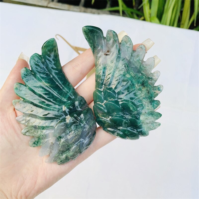Natural Moss Agate Crystal Carved Angel Wings Ornament