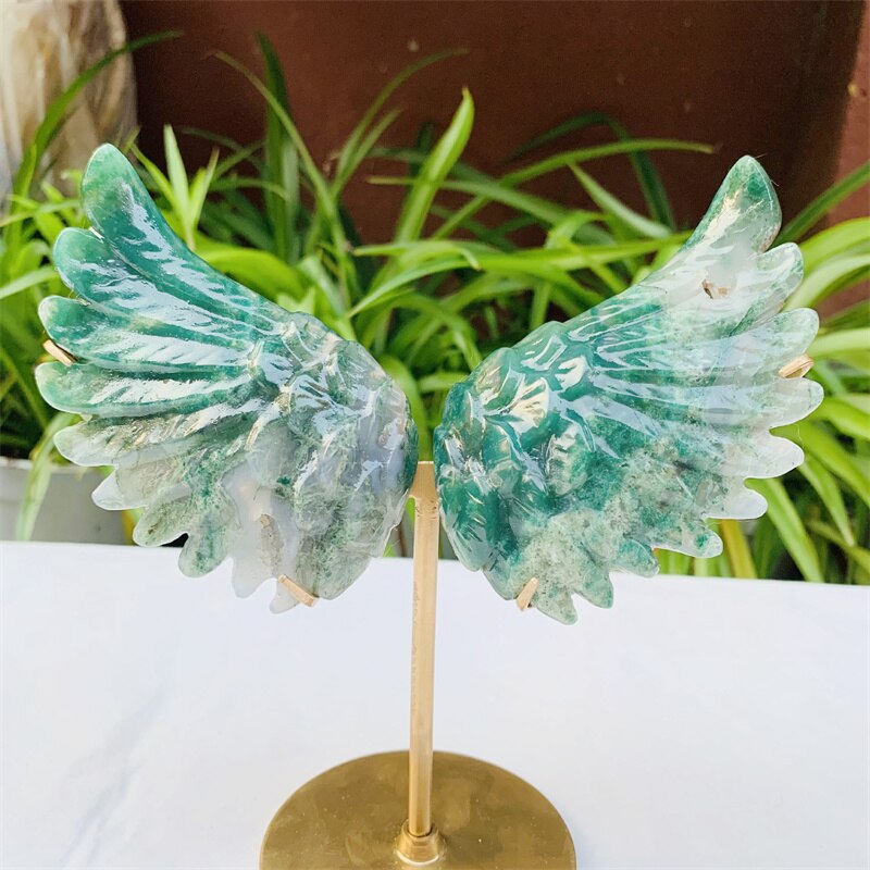 Natural Moss Agate Crystal Carved Angel Wings Ornament