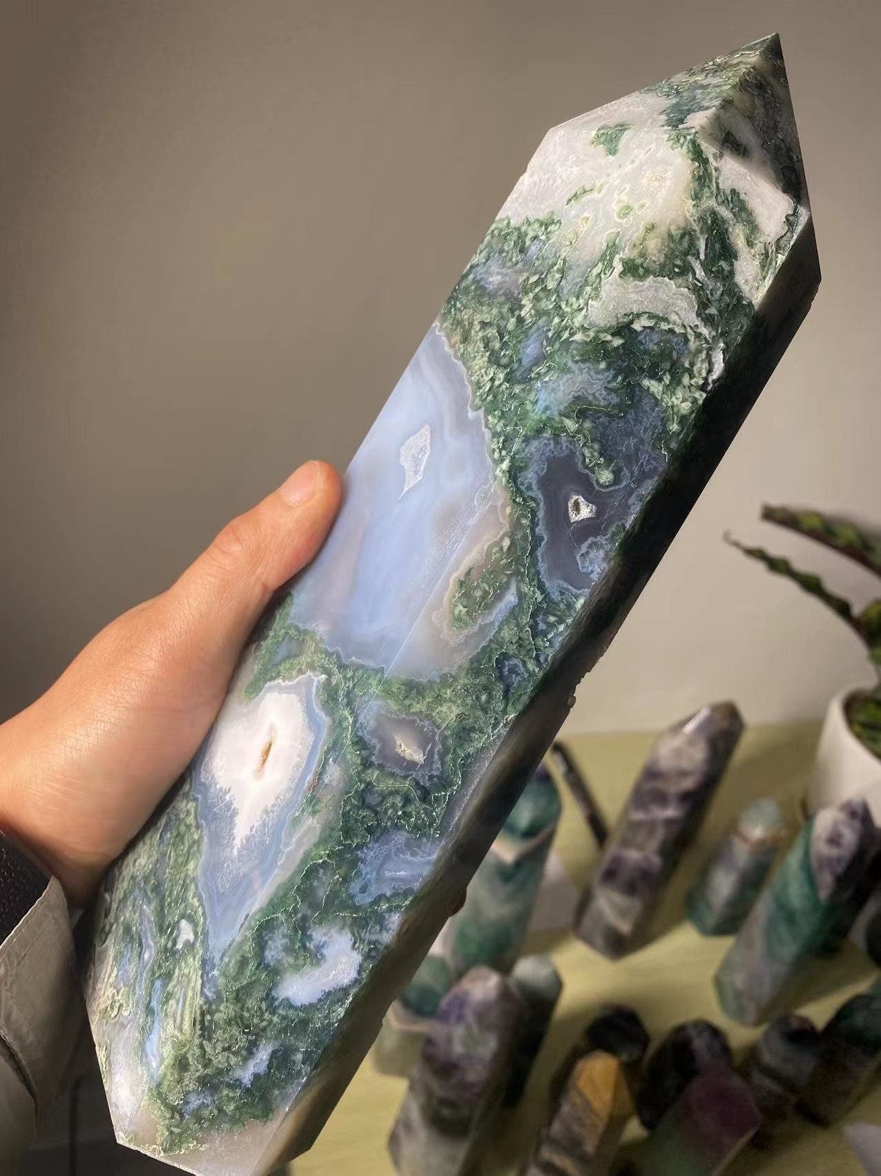 Natural Moss Agate Crystal Chakra Healing Energy Point Tower