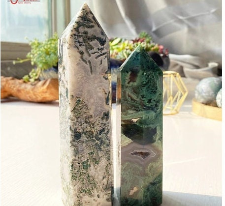 Natural Moss Agate Tower Crystal Point Wand Energy Ore Mineral