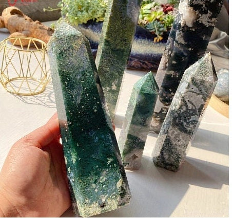 Natural Moss Agate Tower Crystal Point Wand Energy Ore Mineral