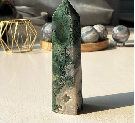Natural Moss Agate Tower Crystal Point Wand Energy Ore Mineral