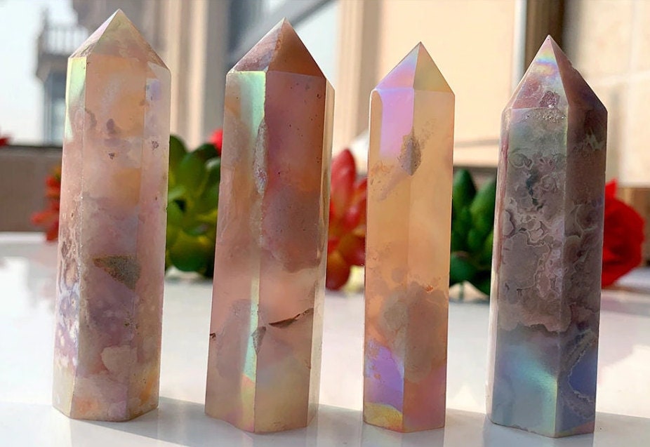 Natural Angel Aura Cherry Agate Rainbow Crystal Points Quartz Tower