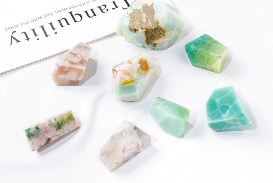 Natural Green Flower Agate Geometric Gem Raw Quartz Energy Crystal