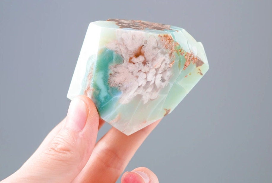 Natural Green Flower Agate Geometric Gem Raw Quartz Energy Crystal