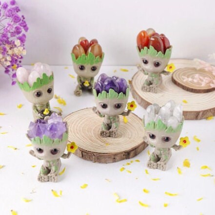 Natural Amethyst Housewarming Gift Home Decor Healing Stone Groot Figurine Groot Character Flower Ornament DIY Decor Clear Quartz Crystal Christmas Gift Aura Rose Quartz