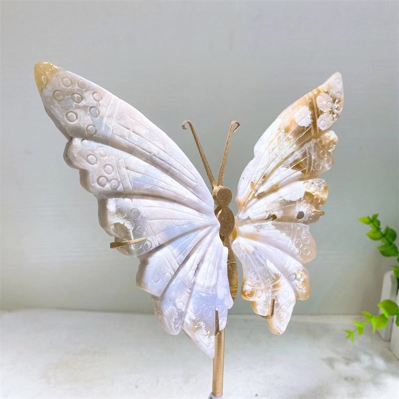 Natural Flower Agate Crystal Hand Carved Butterfly Wings Figurine