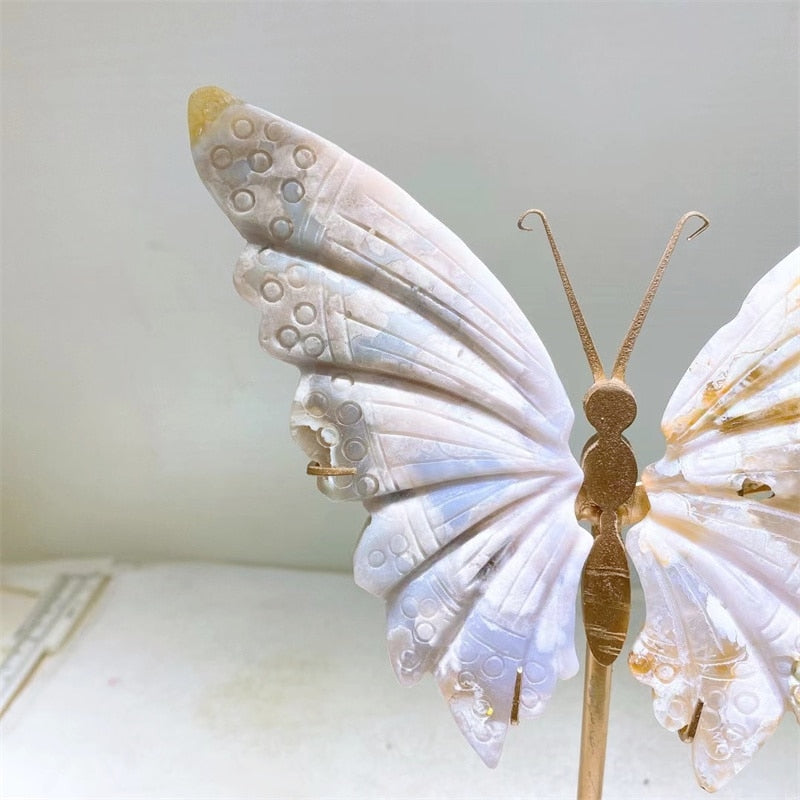 Natural Flower Agate Crystal Hand Carved Butterfly Wings Figurine
