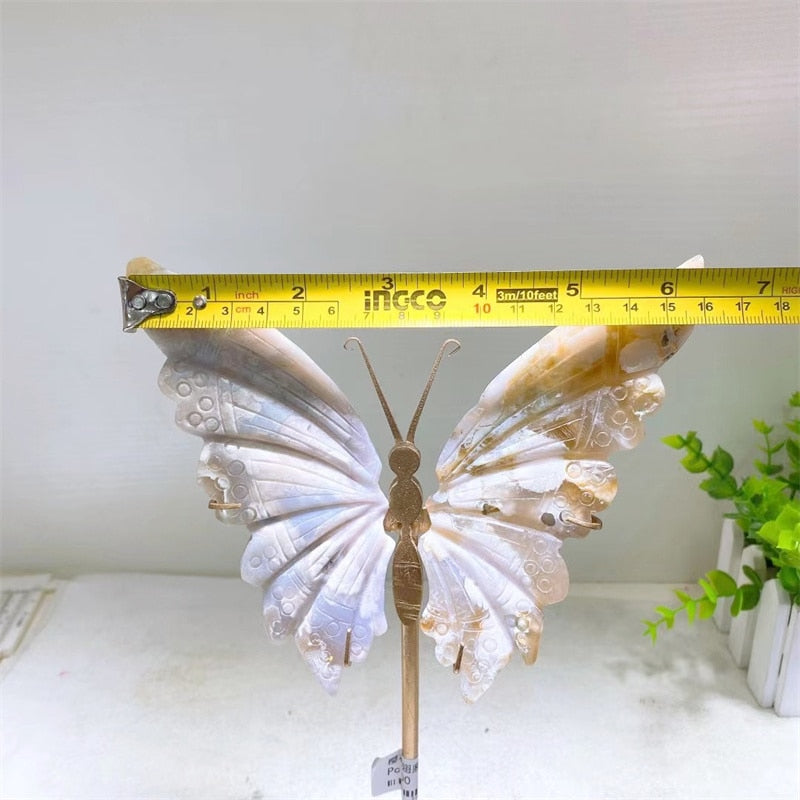 Natural Flower Agate Crystal Hand Carved Butterfly Wings Figurine