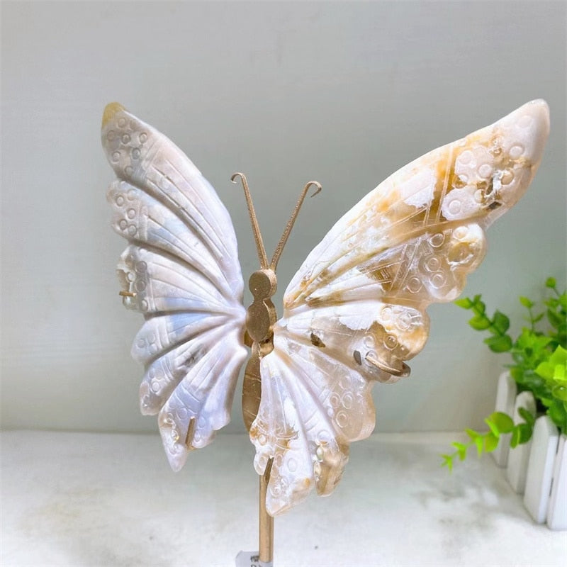 Natural Flower Agate Crystal Hand Carved Butterfly Wings Figurine