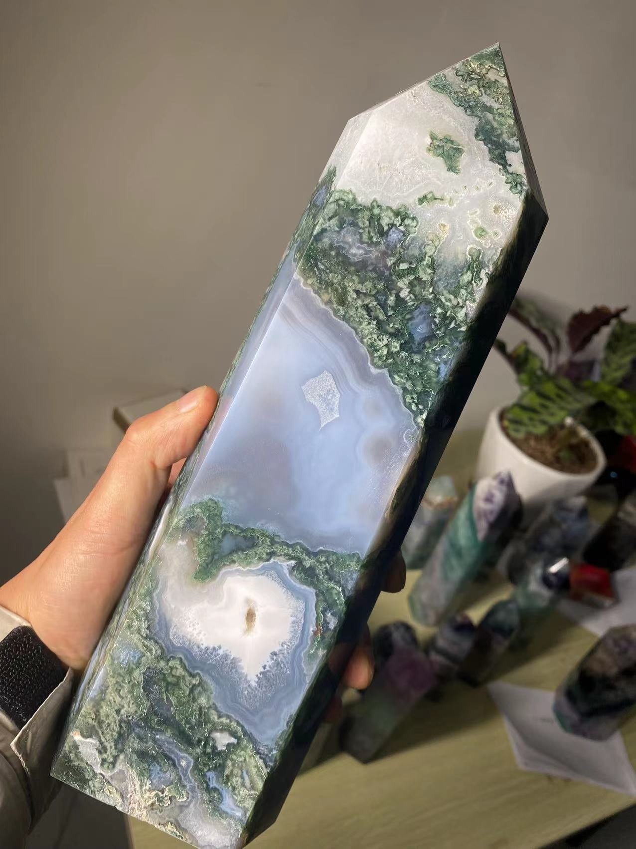 Natural Moss Agate Crystal Chakra Healing Energy Point Tower