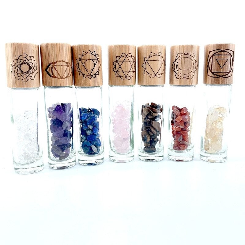 7 Pcs Set Crystal Chip Essential Oil Roller Chakra Stones Bottle