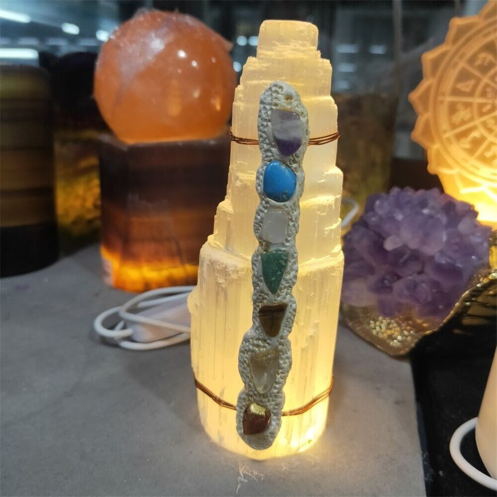 Natural Quartz Crystal Selenite Tower Lamp Chakra Ornament