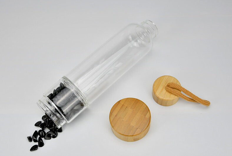 Natural Black Obsidian Crystal Quartz Bamboo Drinking Water Bottle