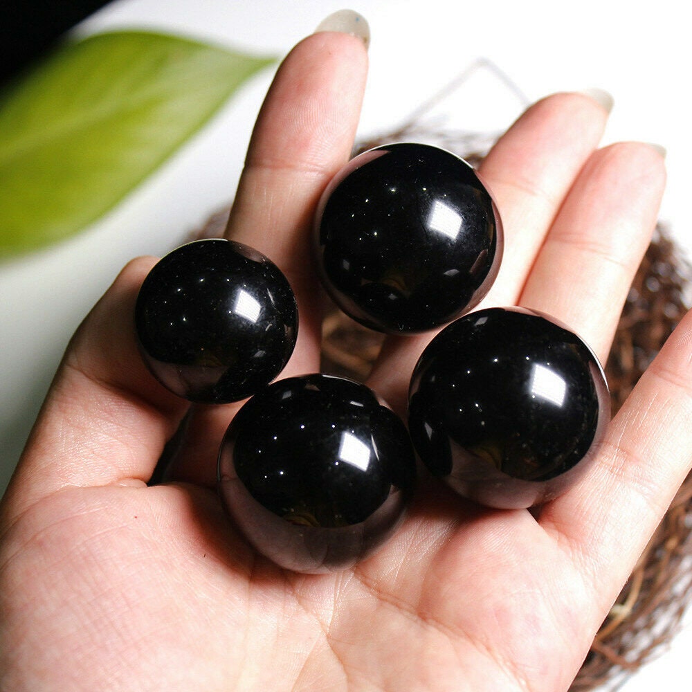 Natural Quartz Crystal Black Obsidian Sphere Magic Ball Healing Stone