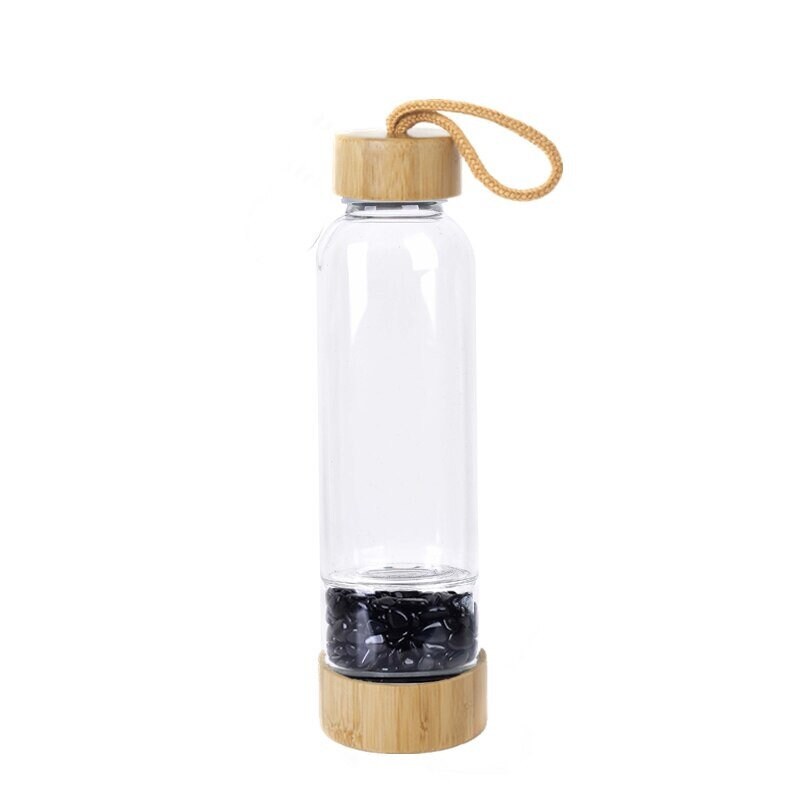 Natural Black Obsidian Crystal Quartz Bamboo Drinking Water Bottle