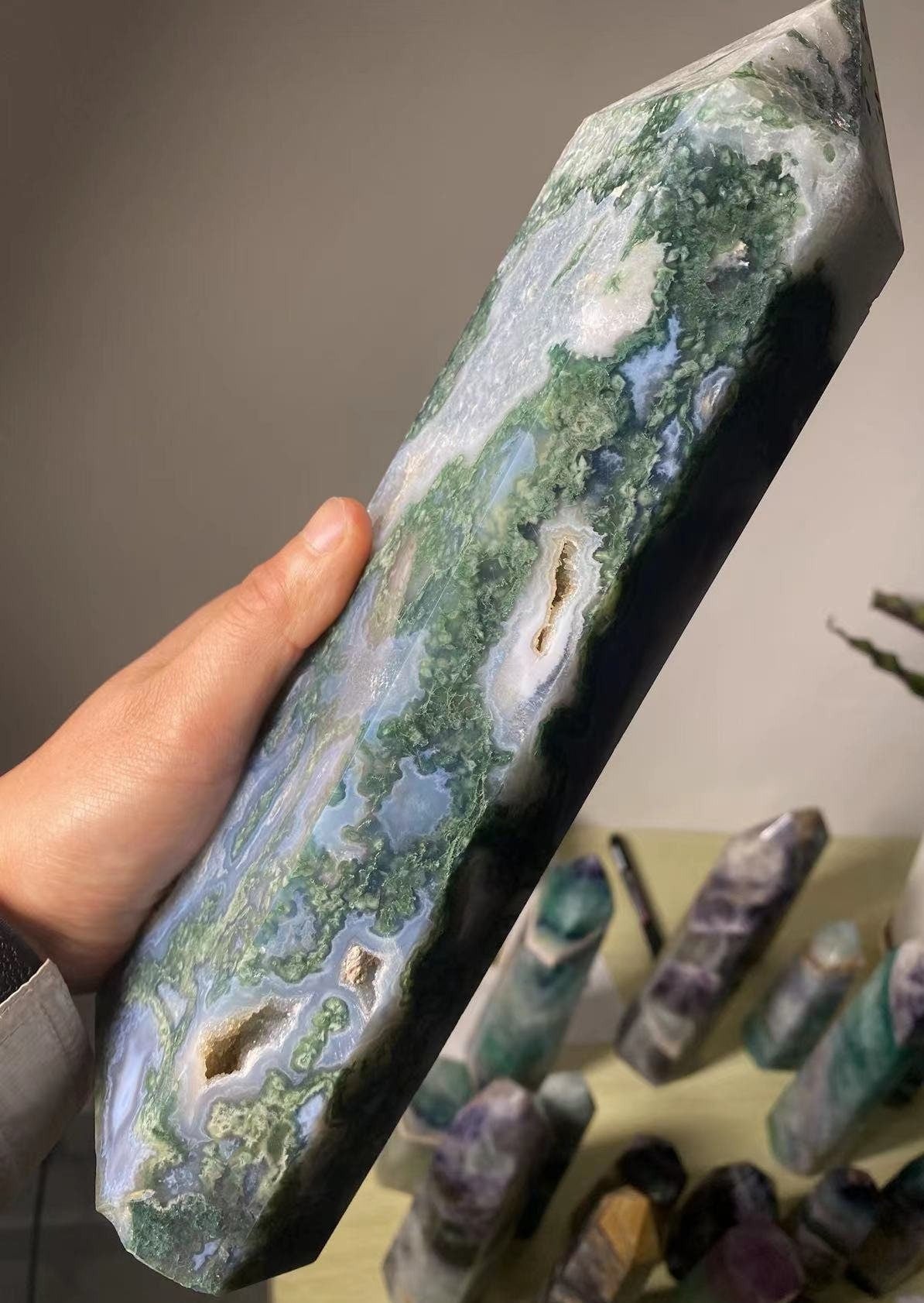 Natural Moss Agate Crystal Chakra Healing Energy Point Tower