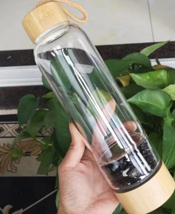 Natural Black Obsidian Crystal Quartz Bamboo Drinking Water Bottle