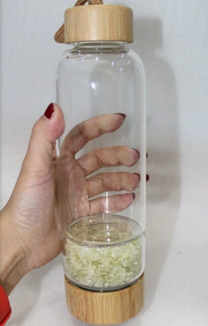 Natural Crystal Infused Drinking Bamboo Water Bottle Quartz Crystal