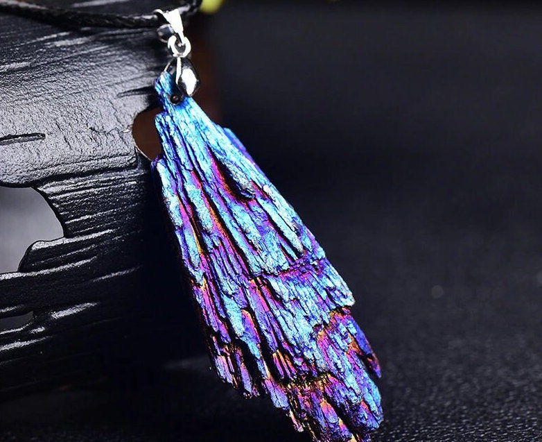 Natural Crystal Jet Stone Blaze Blue Black Tourmaline Aura Rainbow Necklace