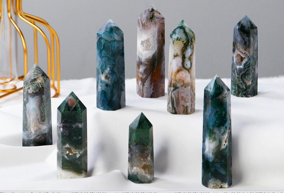 Natural Raw Moss Agate Crystal Healing Stone Tower