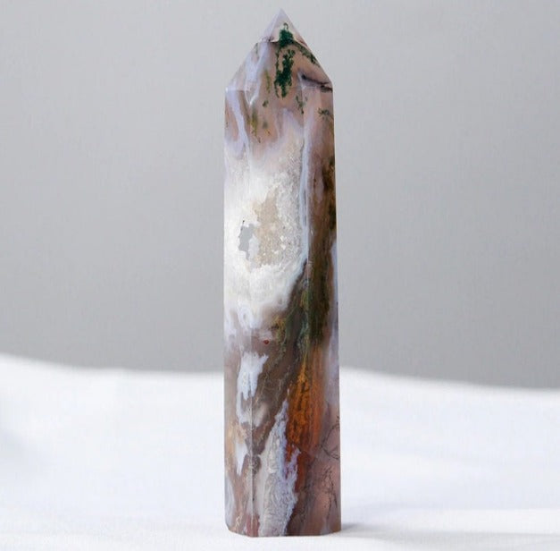 Natural Raw Moss Agate Crystal Healing Stone Tower