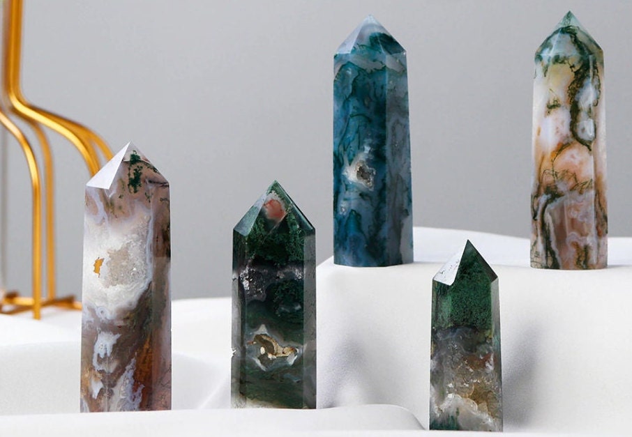 Natural Raw Moss Agate Crystal Healing Stone Tower