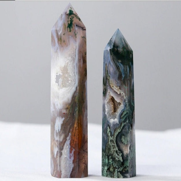 Natural Raw Moss Agate Crystal Healing Stone Tower