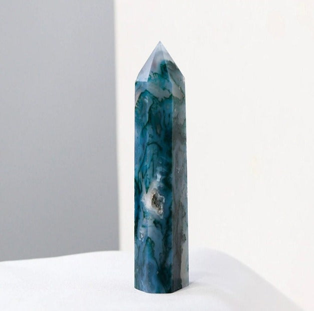 Natural Raw Moss Agate Crystal Healing Stone Tower