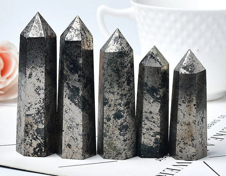 Natural Hematite Crystal Point Healing Obelisk Pyrite Quartz Wand