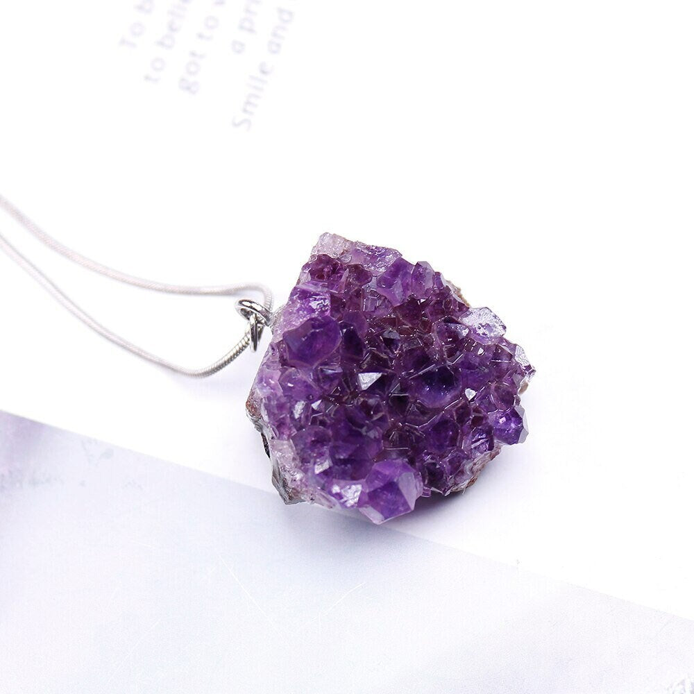 Natural Raw Amethyst Quartz Crystal Purple Cluster Pendant Necklace