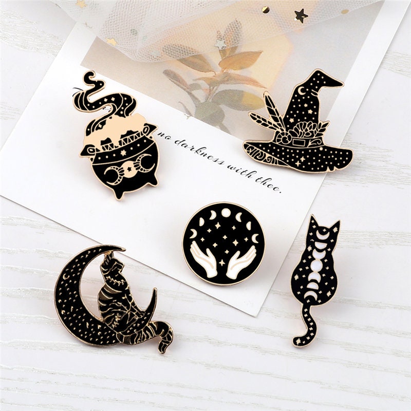 Gothic Witch Black Enamel Magical Brooch Pins