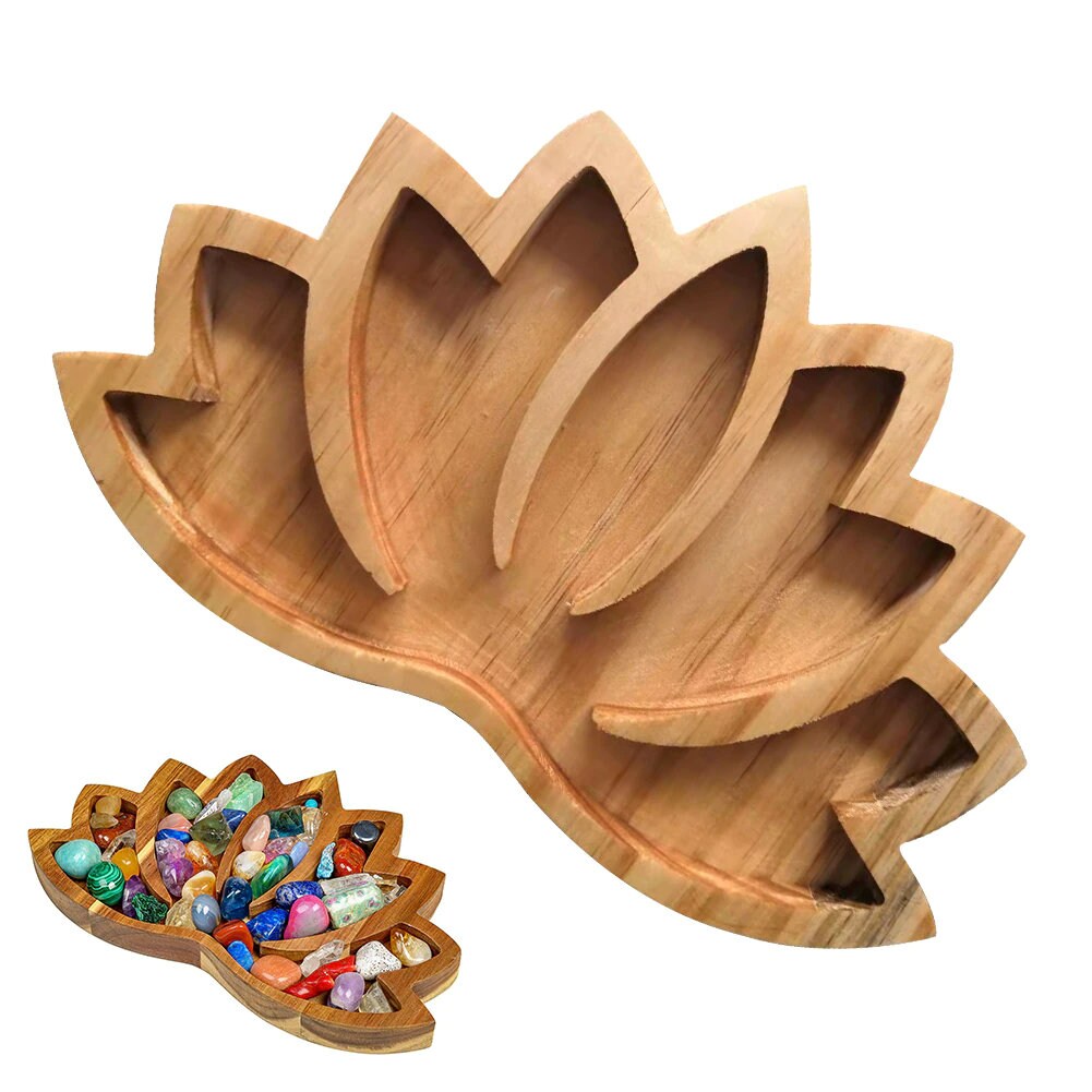 Lotus Shape Crystal Wood Tray Crystals Jewelry Display Storage