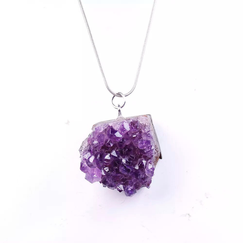 Natural Raw Amethyst Quartz Crystal Purple Cluster Pendant Necklace