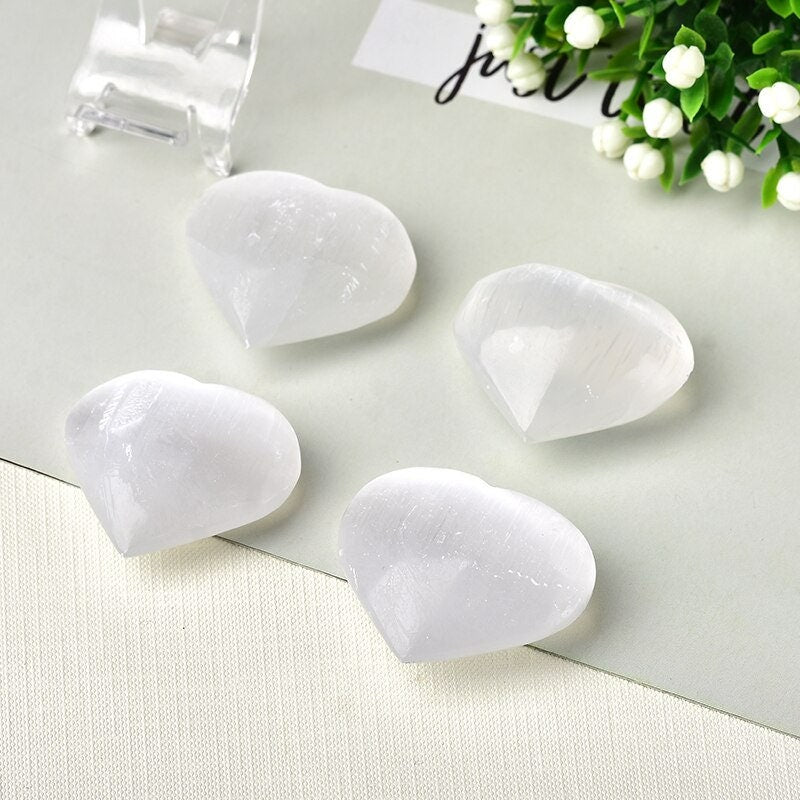 Hand Carved Heart Natural White Raw Selenite Crystal