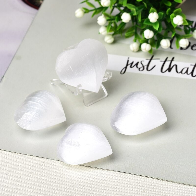 Hand Carved Heart Natural White Raw Selenite Crystal