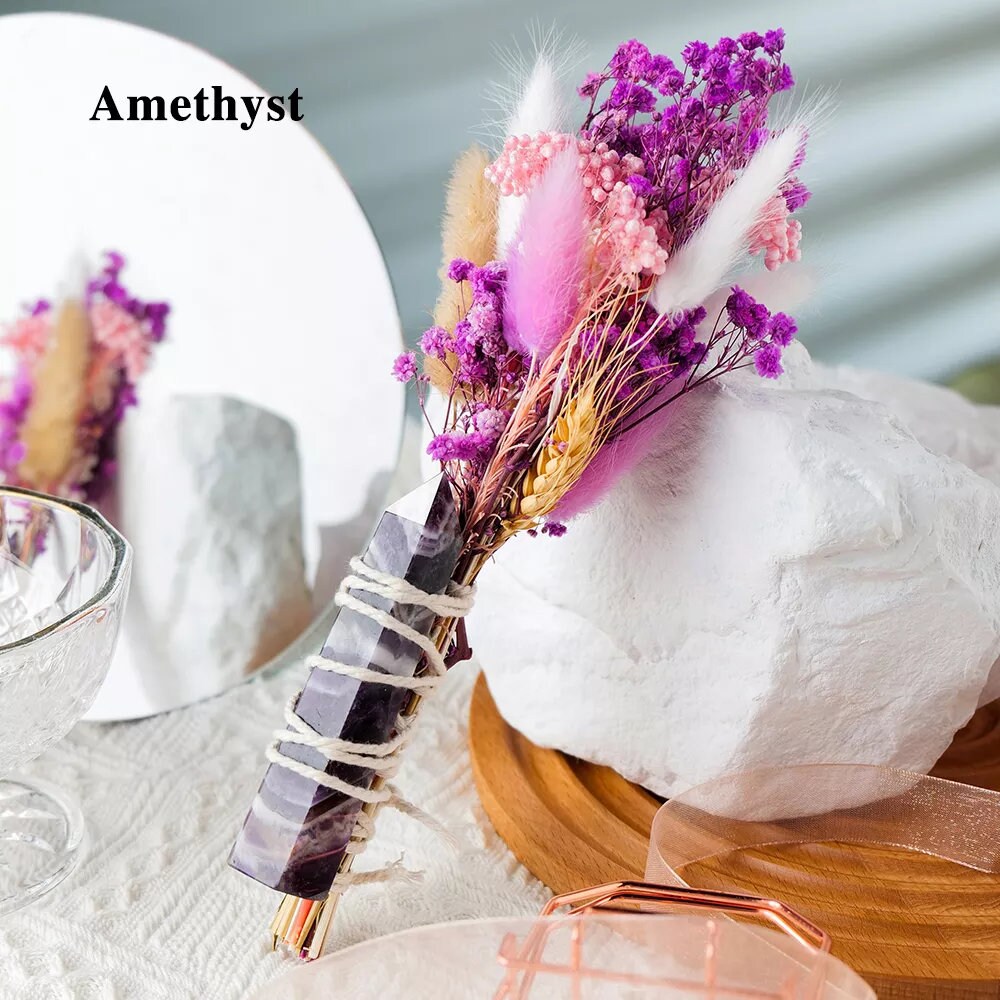 Natural Crystal Point Energy Healing Stone Dried Flower Bouquet