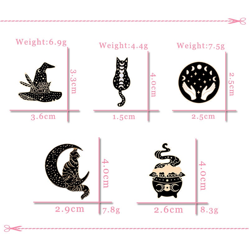 Gothic Witch Black Enamel Magical Brooch Pins