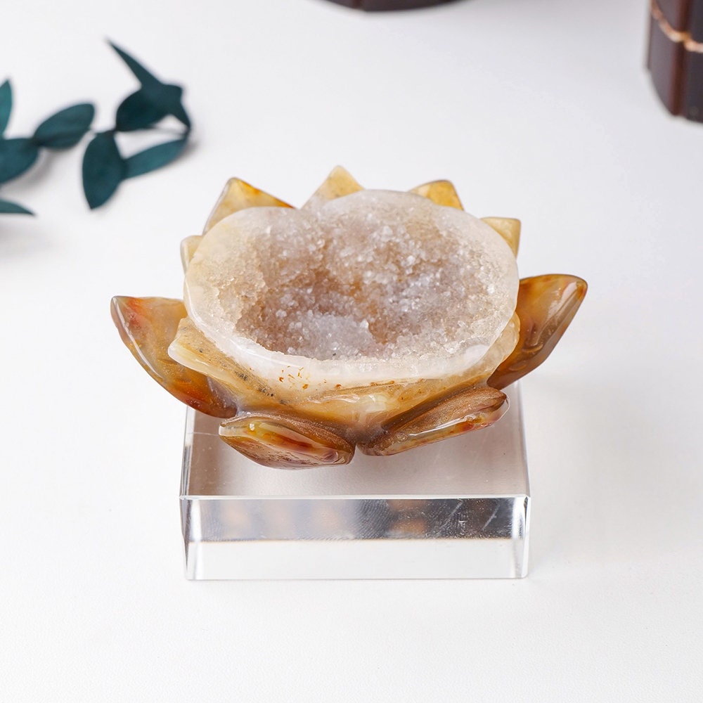 Natural Agate Crystal Lotus Flower Figurine Healing Décor With Druze