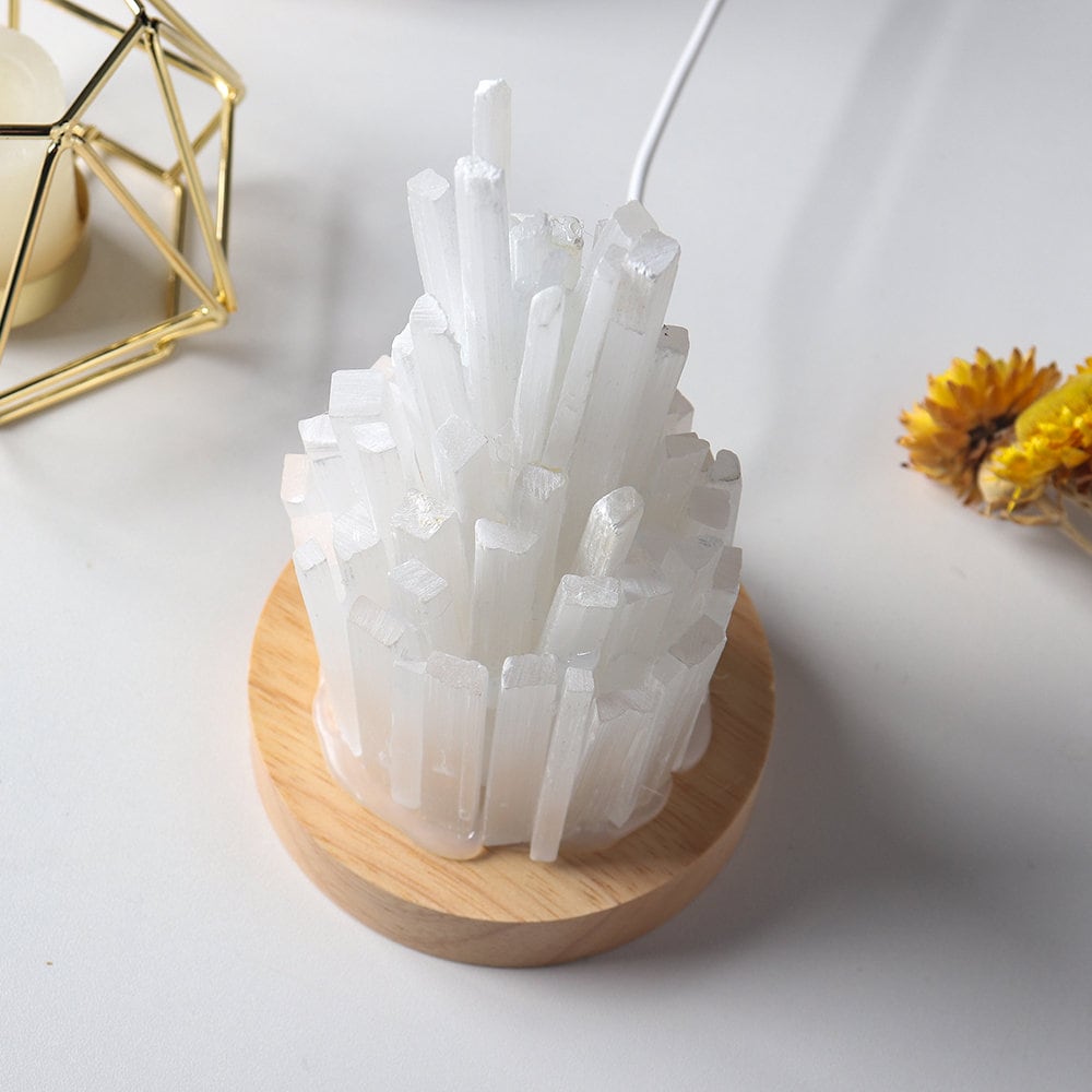 Natural Crystal Selenite Stone Healing Energy Night Stand Lamp